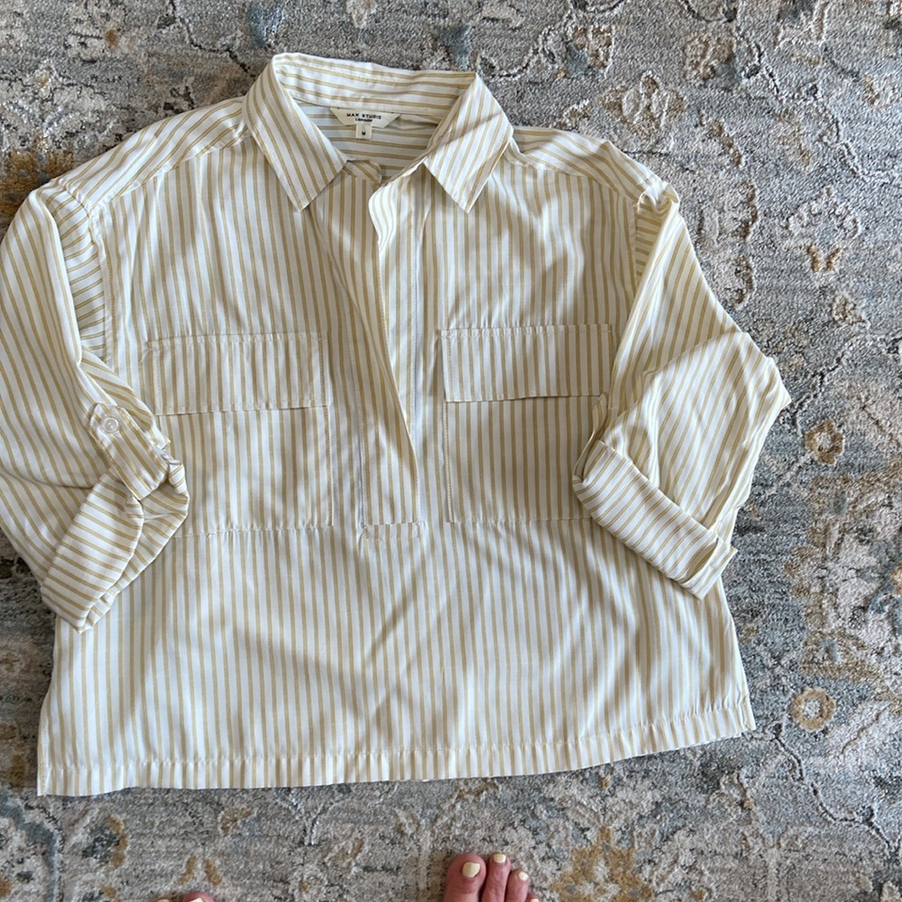 Max Studio Cream and Yellow  Striped Pullover Crop